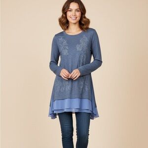 LOGO Lounge Blue Floral Embroidered Tunic Blouse